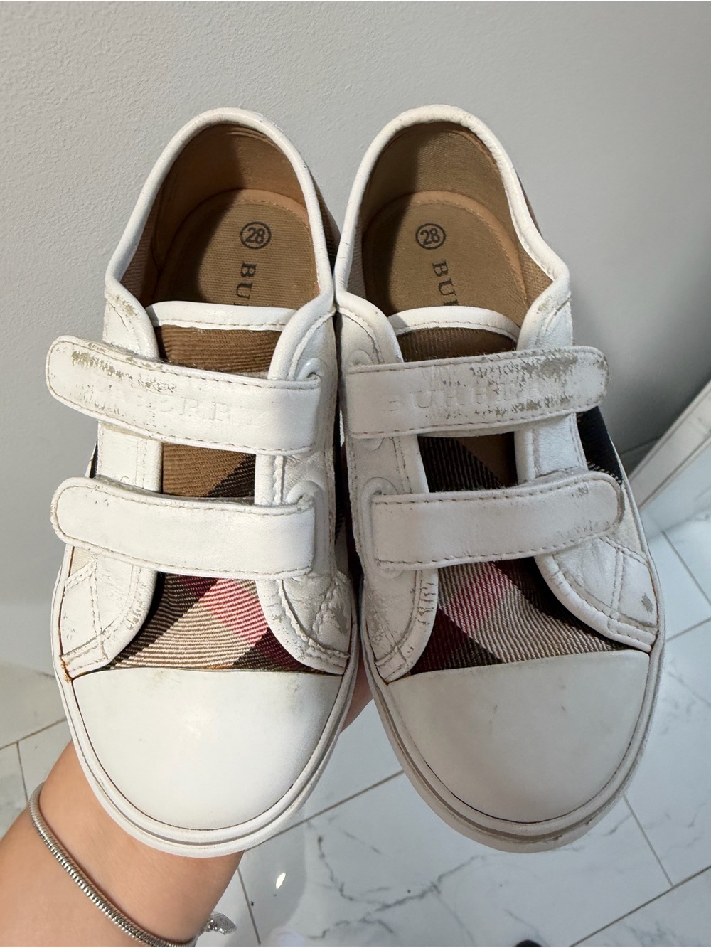 Burberry White Leather & Beige/Tan Check Kids Velcro Sneakers